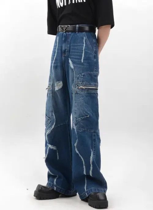 VIBE Retro raw edge washed distressed wide leg jeans Size US 32 / EU 48 - 6 Thumbnail