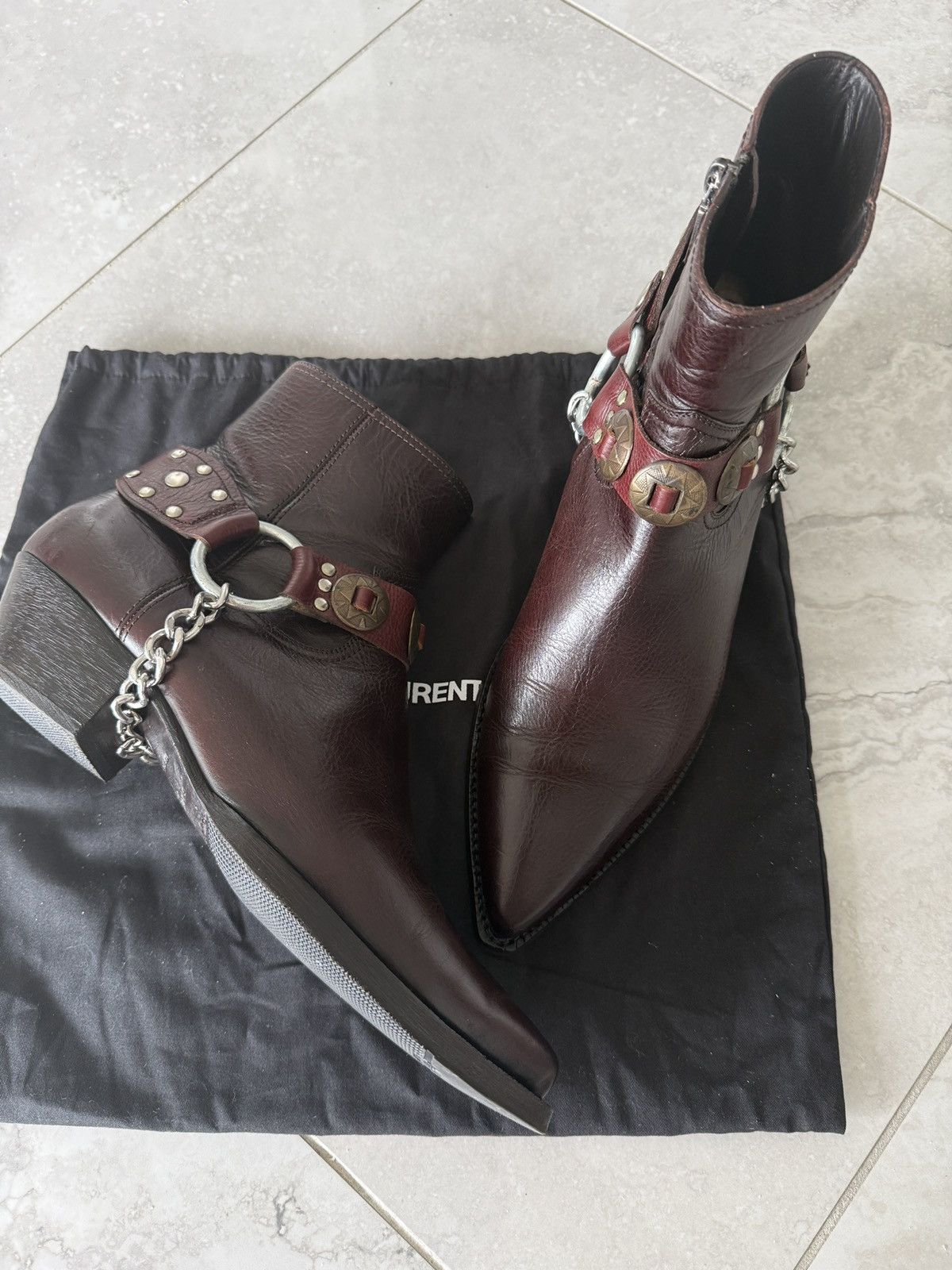 Saint Laurent Paris Spectacular Dark Cherry LUKAS Boots Santiag Harness Size US 13 / EU 46 - 2 Thumbnail