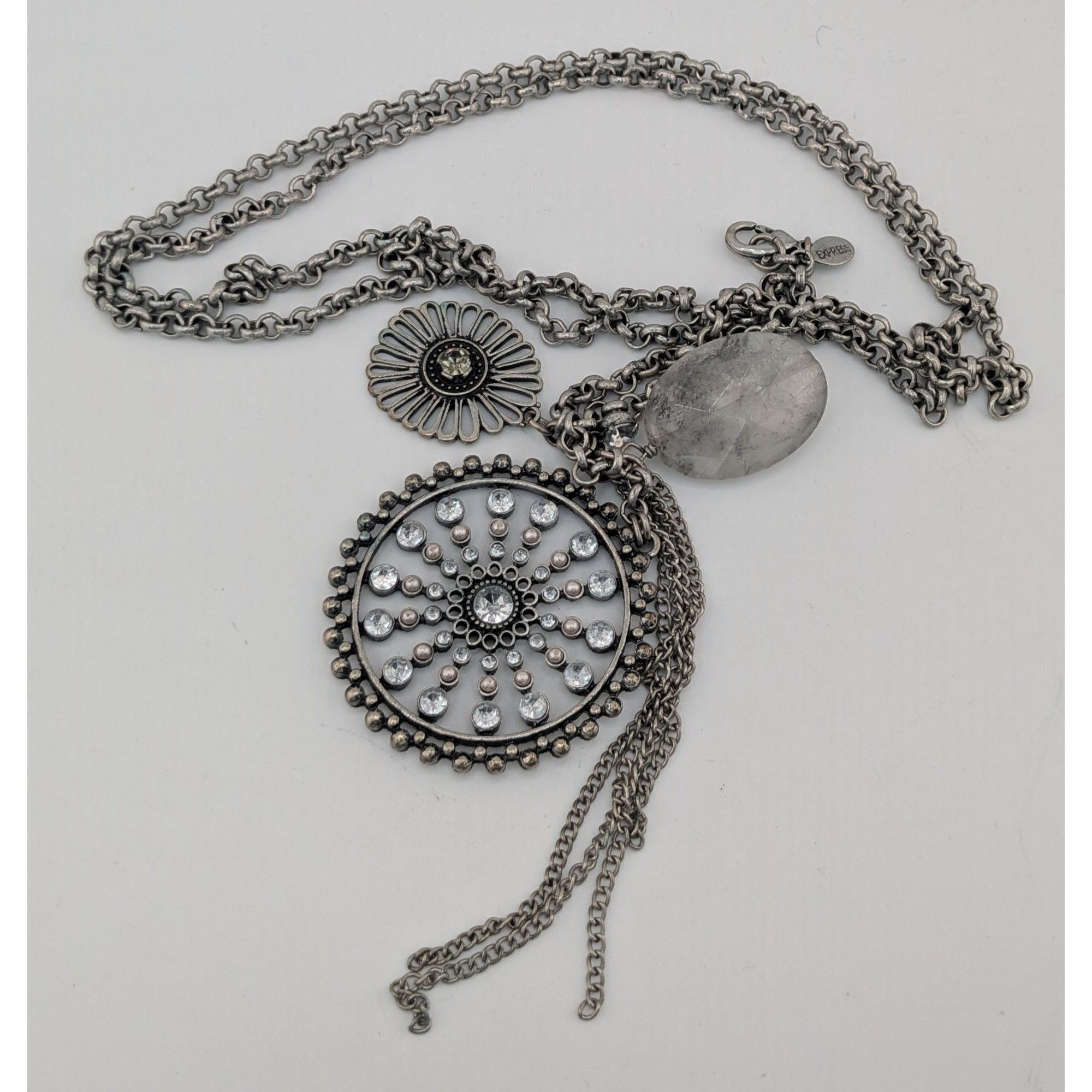 Express Express Y2K Glam Medallion Long Silver-Tone Layered Pendant Size ONE SIZE - 7 Thumbnail