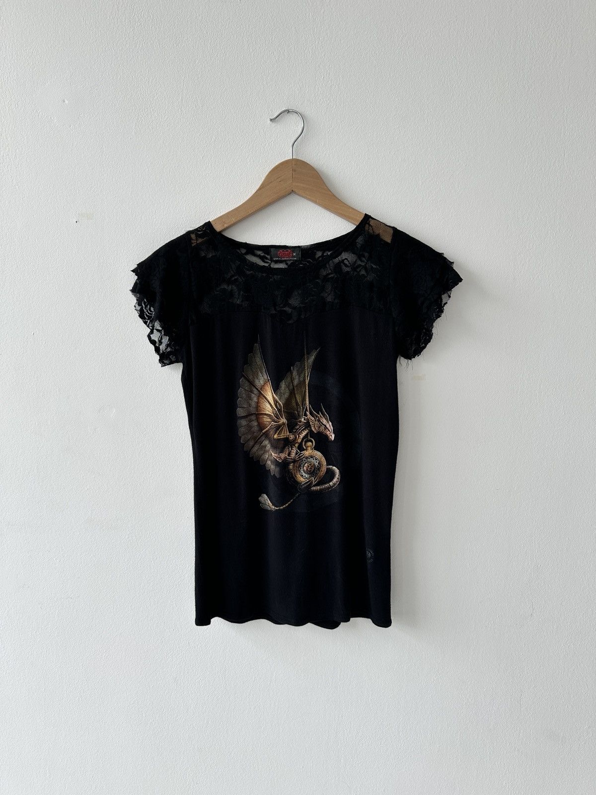 Japanese Brand Spiral direct Black lace ruffle short sleeve top with dragon Size M / US 6-8 / IT 42-44 - 1 Thumbnail