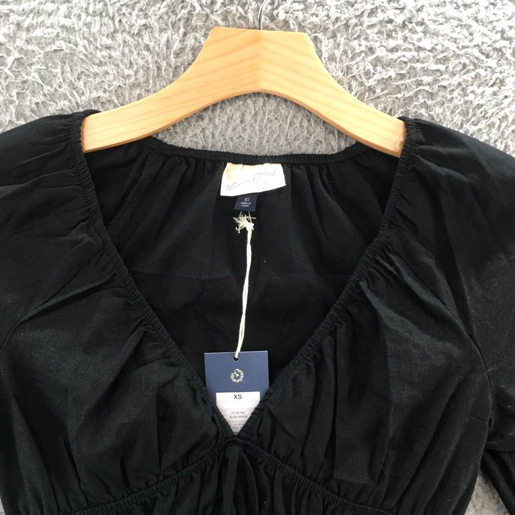 Vintage A New Day Midi Dress Womens XS Black Shirred Poplin Plunge Vneck Long Sleeve NEW Size XS / US 0-2 / IT 36-38 - 5 Thumbnail