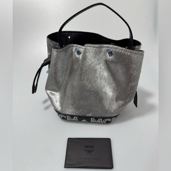MCM MCM Metallic Calfskin Studded Bucket Bag Silver Black Size ONE SIZE - 2 Thumbnail