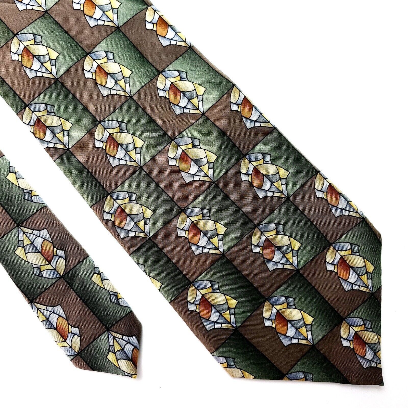 Vintage Cocktail Collection Silk Tie Green Brown Geometric USA Hands Size ONE SIZE - 1 Thumbnail