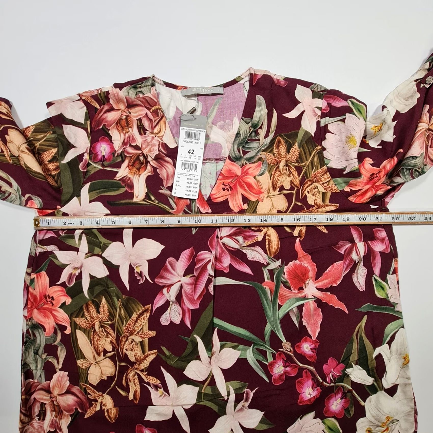 CO Betty & Co Blouse Burgundy Red 16 UK Floral 3/4 Sleeves V-Neck Logo Jersey Viscose Womens Blouse Size XXL / US 16-18 / IT 52-54 - 5 Thumbnail