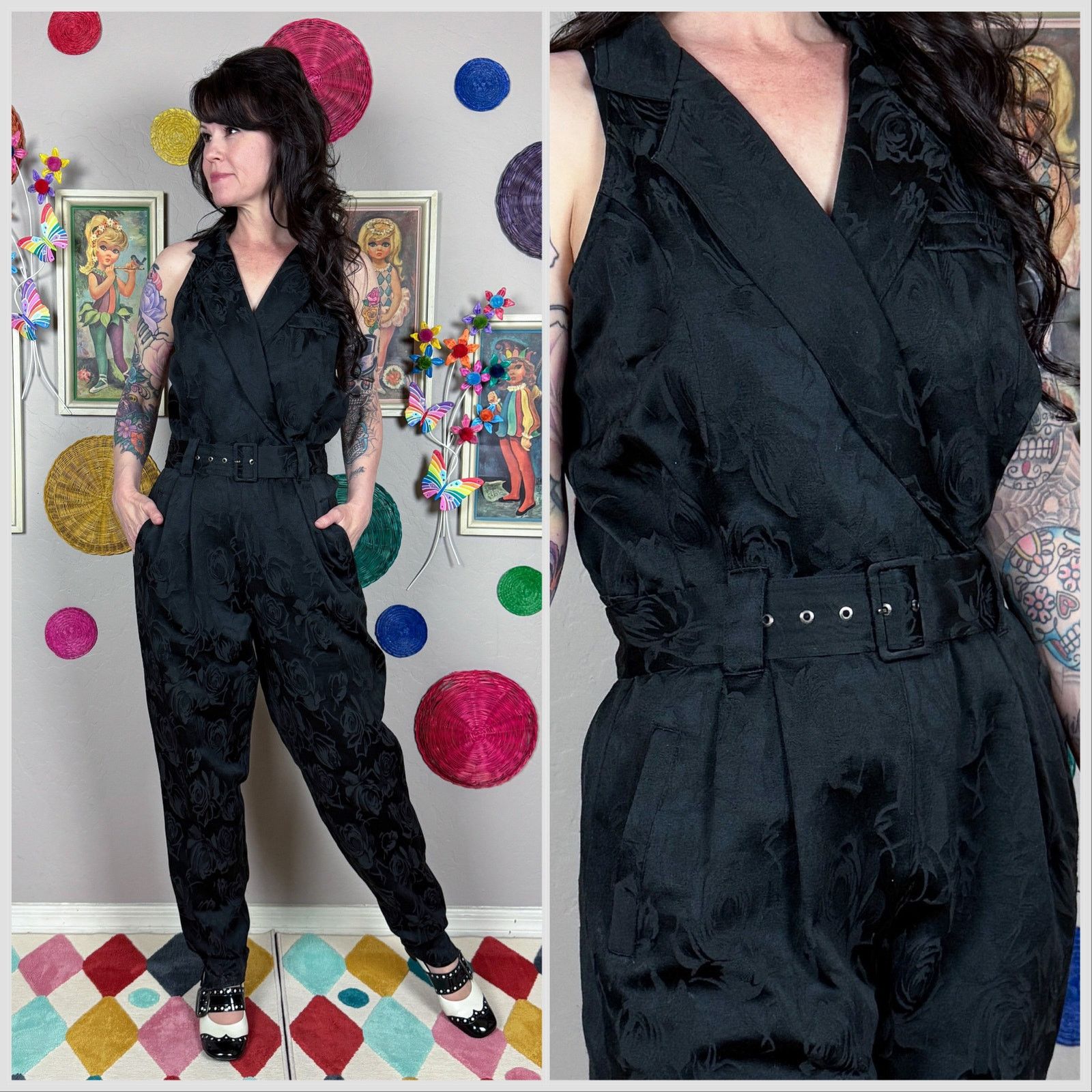 Vintage Vintage 80s Black Floral Jacquard Sleeveless Halter Jumpsuit Size 30" / US 8 / IT 44 - 1 Thumbnail