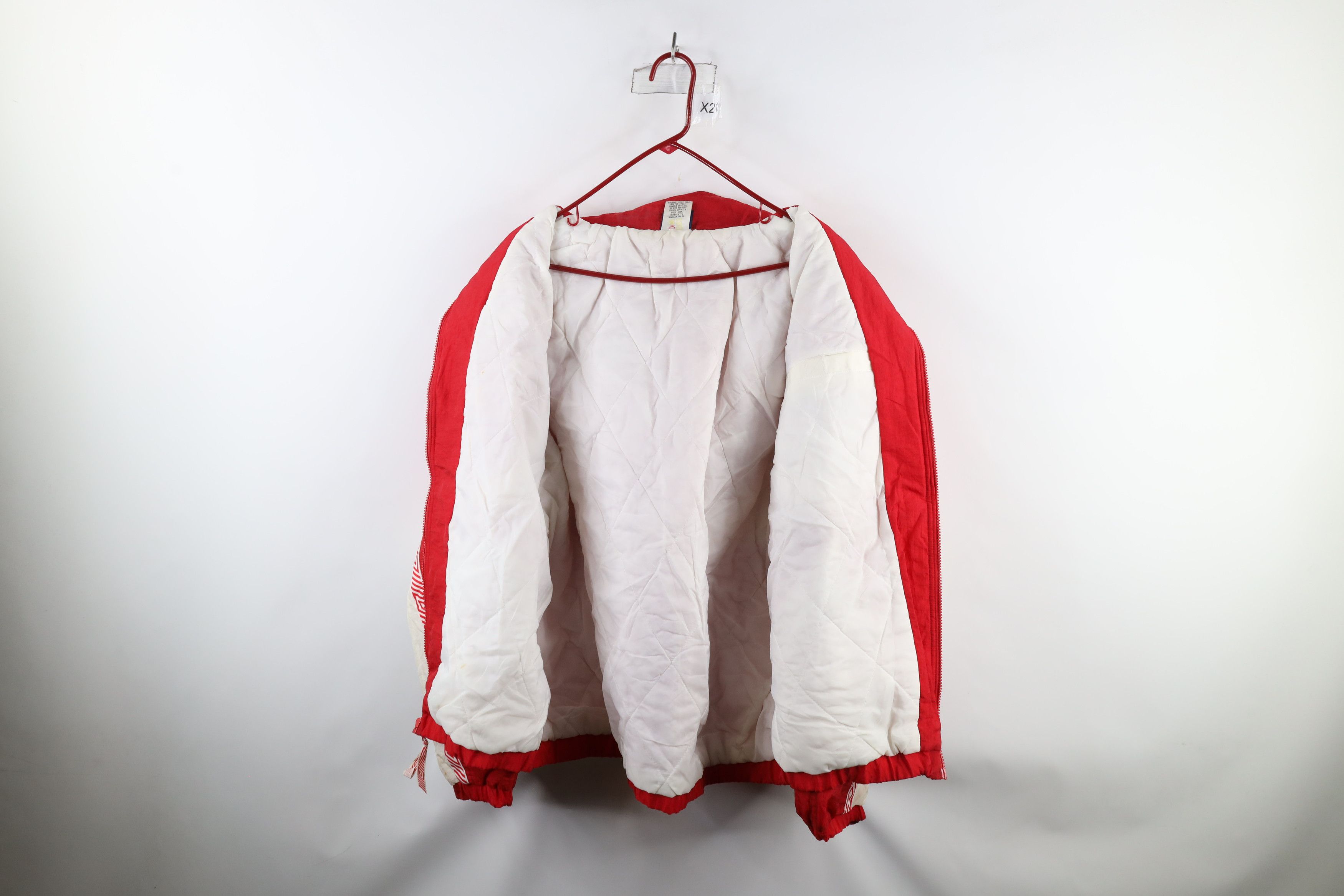 Umbro × Vintage Vintage 90s Umbro Taped Logo Soccer Hooded Puffer Jacket Red Size US XL / EU 56 / 4 - 9 Thumbnail