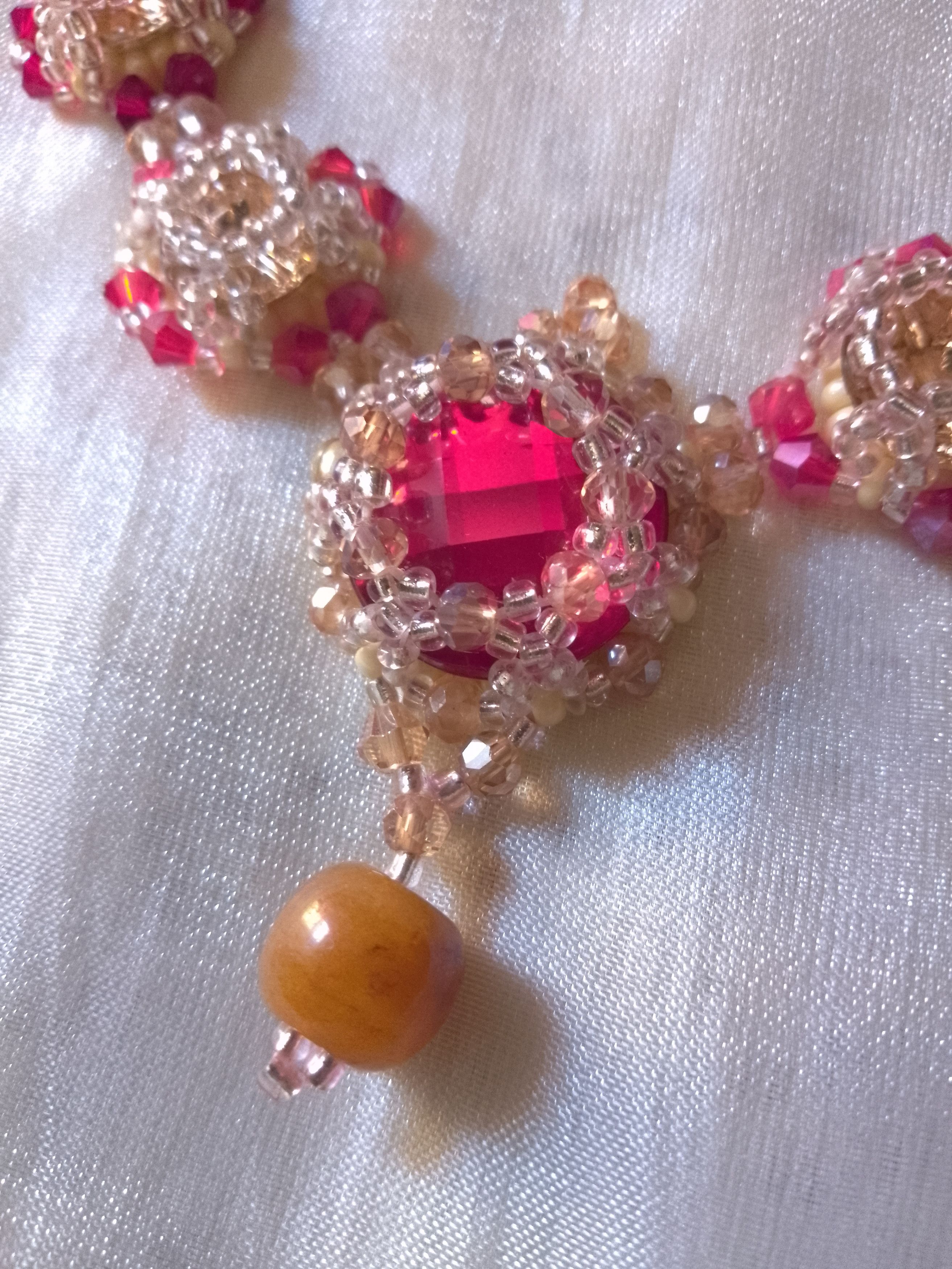Handmade Necklace Zircons Red amber with naturale jade gemstone Size ONE SIZE - 2 Thumbnail