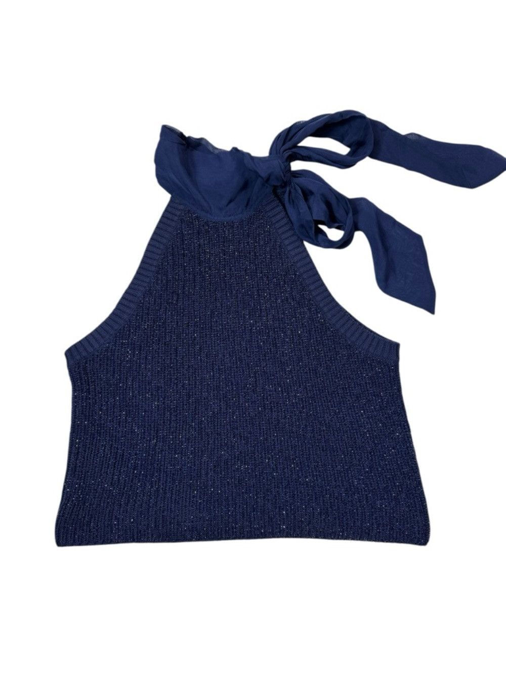 Other New Navy Sparkle Ribbed Knit Halter Top With Chiffon Tie Size M / US 6-8 / IT 42-44 - 3 Thumbnail