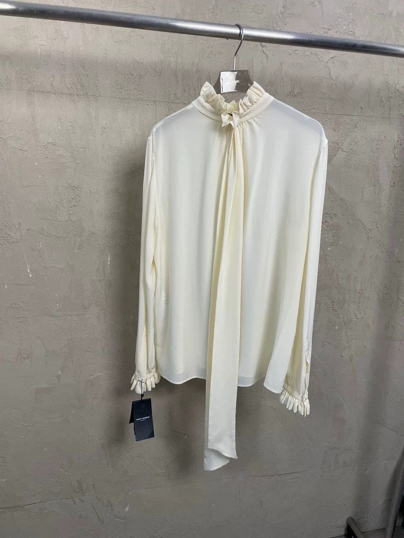 Saint Laurent Paris Saint Laurent Paris Saint Laurent Beige Silk Shirt with Ti Size US M / EU 48-50 / 2 - 1 Thumbnail