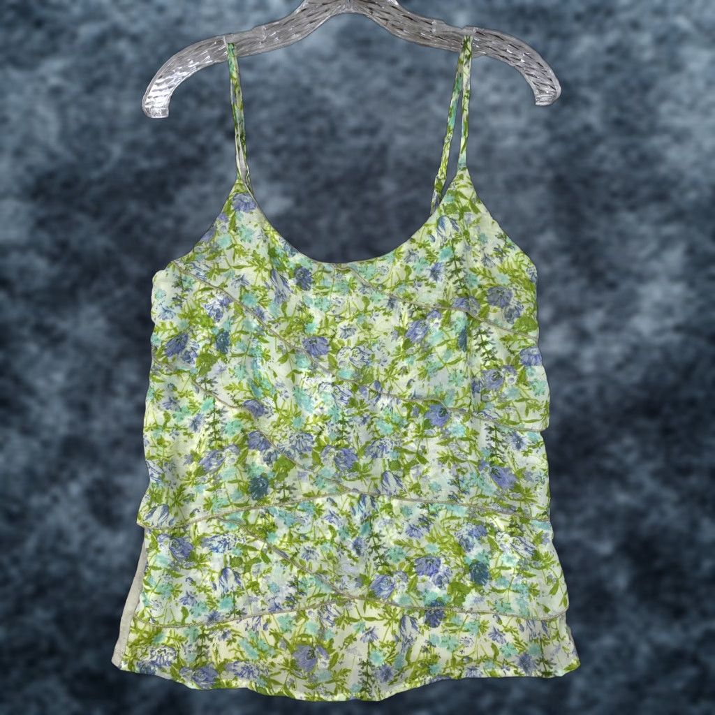 Vintage Maurices Top Womens M Green Floral Layered Ruffle Scoop Neck Adjustable Stretch Blouse Vest? Size M / US 6-8 / IT 42-44 - 1 Thumbnail