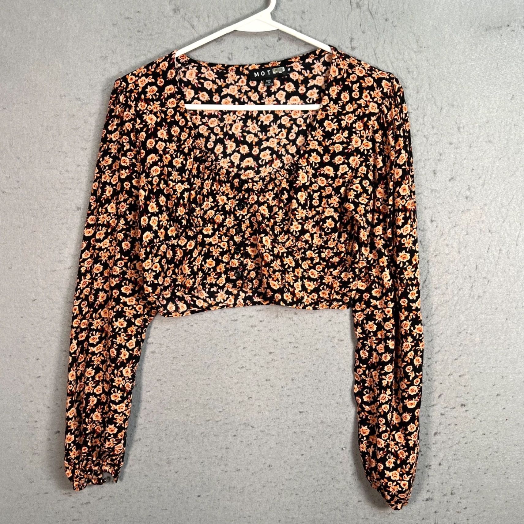 Vintage Motel Shirt Cropped Floral Long Sleeve Black & Orange Womens Medium Size M / US 6-8 / IT 42-44 - 2 Thumbnail