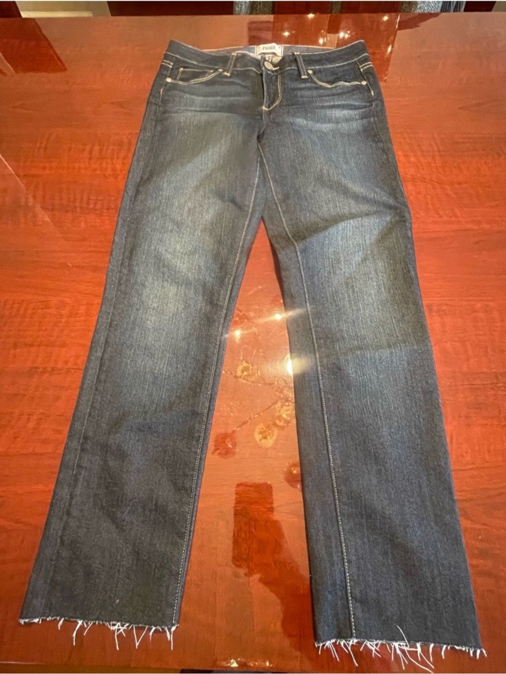 Paige PAIGE Skyline Skinny Jeans 28 Dark Wash Raw Hem Stretchy Size 28" / US 6 / IT 42 - 2 Thumbnail