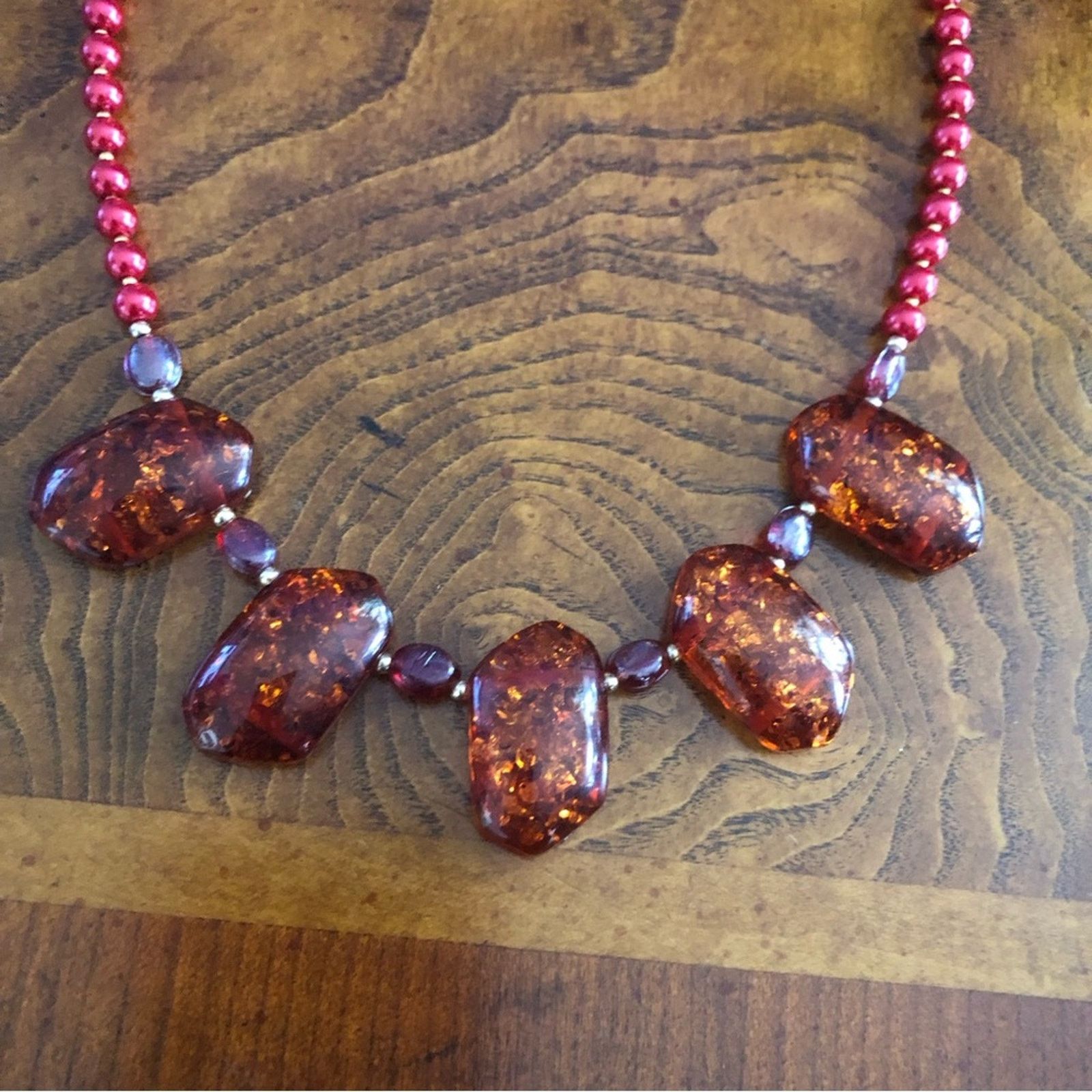 Handmade Handcrafted repurpose faux amber speckle bead Pearl necklace Size ONE SIZE - 9 Thumbnail