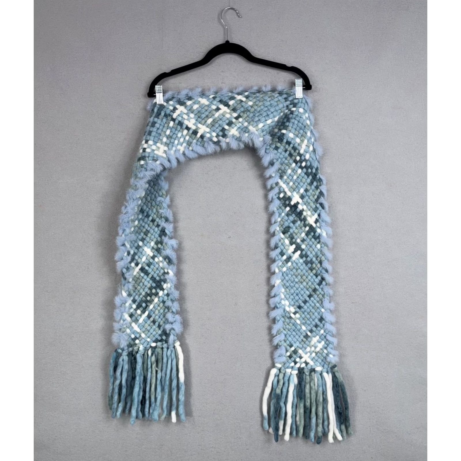 Vintage Wool Rabbit Fur Scarf Womens One Size Blue Plaid Chunky Knit Fringe Winter Cozy Size ONE SIZE - 5 Thumbnail
