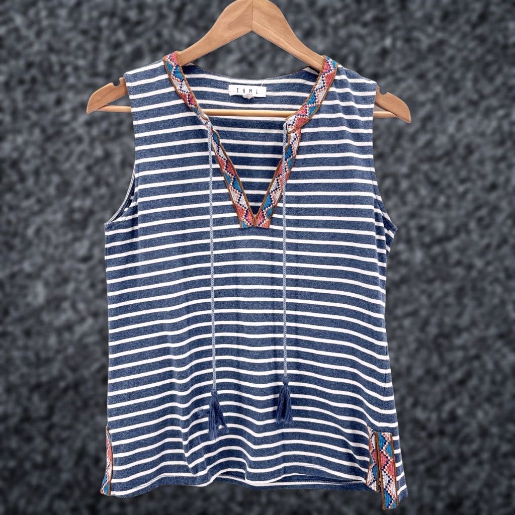 Vintage VINTAGE THML Womens Small Tank Top Blue Stripe Aztec Detail Boho Summer Casual Size S / US 4 / IT 40 - 1 Thumbnail