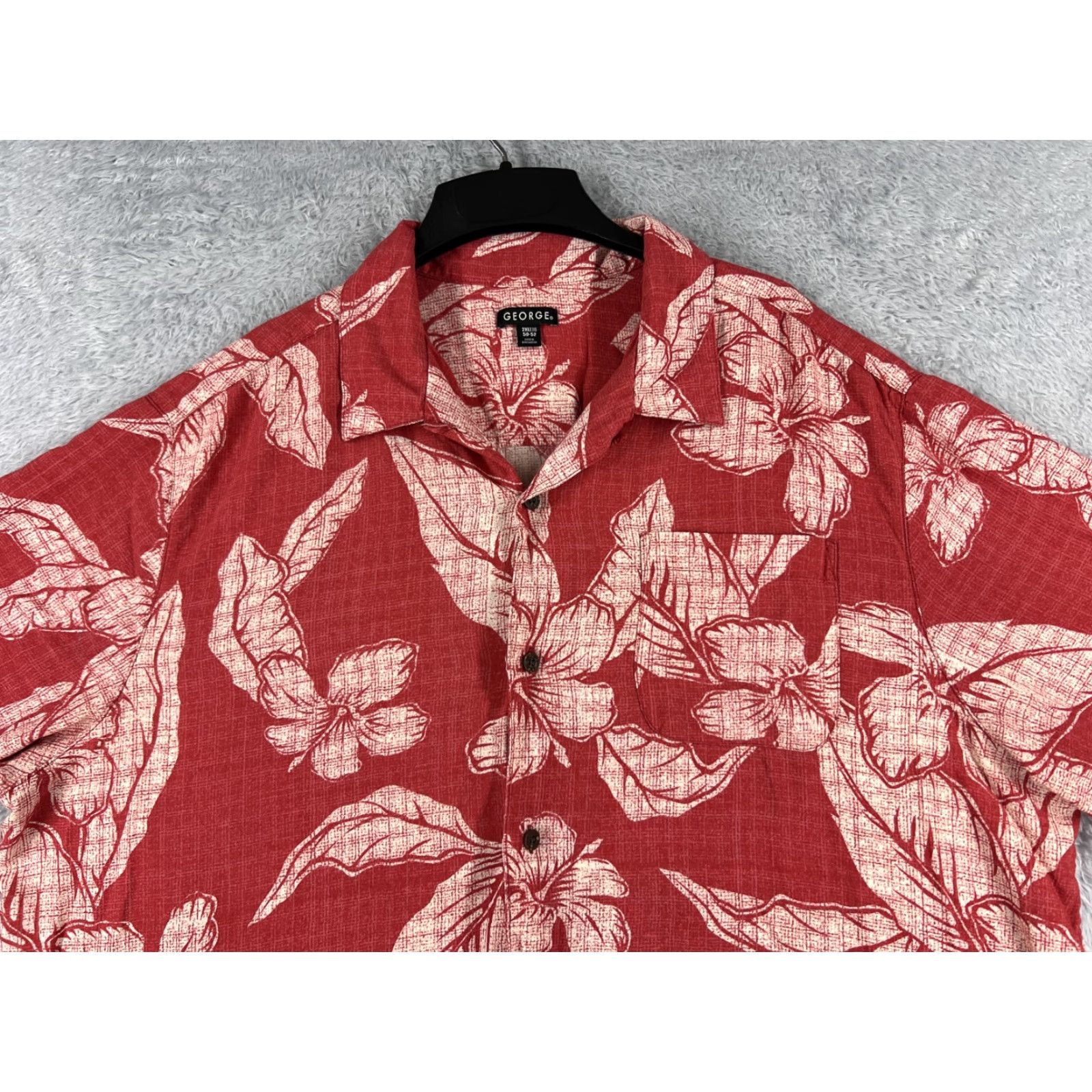 George George Shirt Men 2XL XXL Red White Floral Hibiscus Palm Button Up Hawaiian Rayon Size US XXL / EU 58 / 5 - 4 Thumbnail