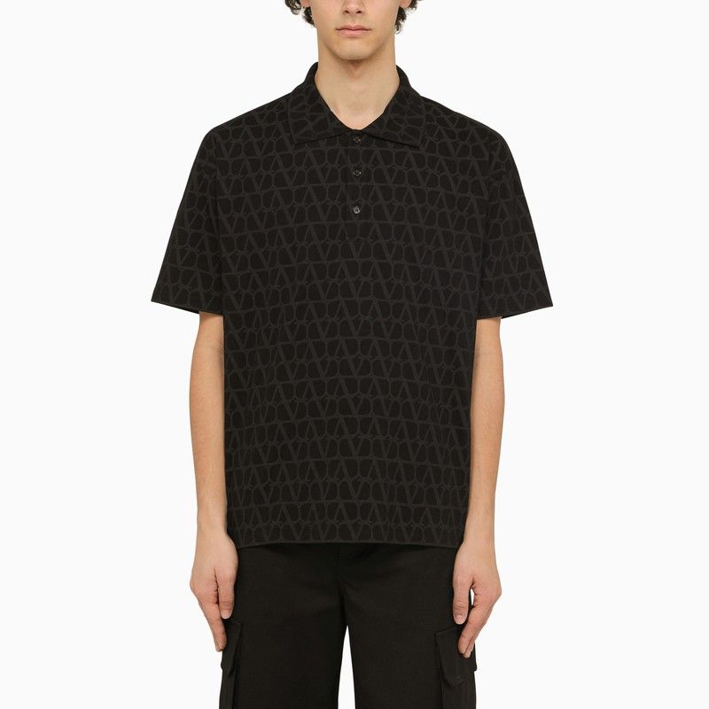 image of Valentino Black Polo With Toile Iconographe Print, Men's (Size Medium)