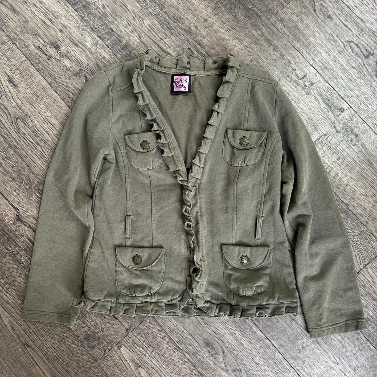 Vintage Vintage Y2K LA Kitty Ruffled Mini Blazer Cotton Green Jacket Size M / US 6-8 / IT 42-44 - 4 Thumbnail