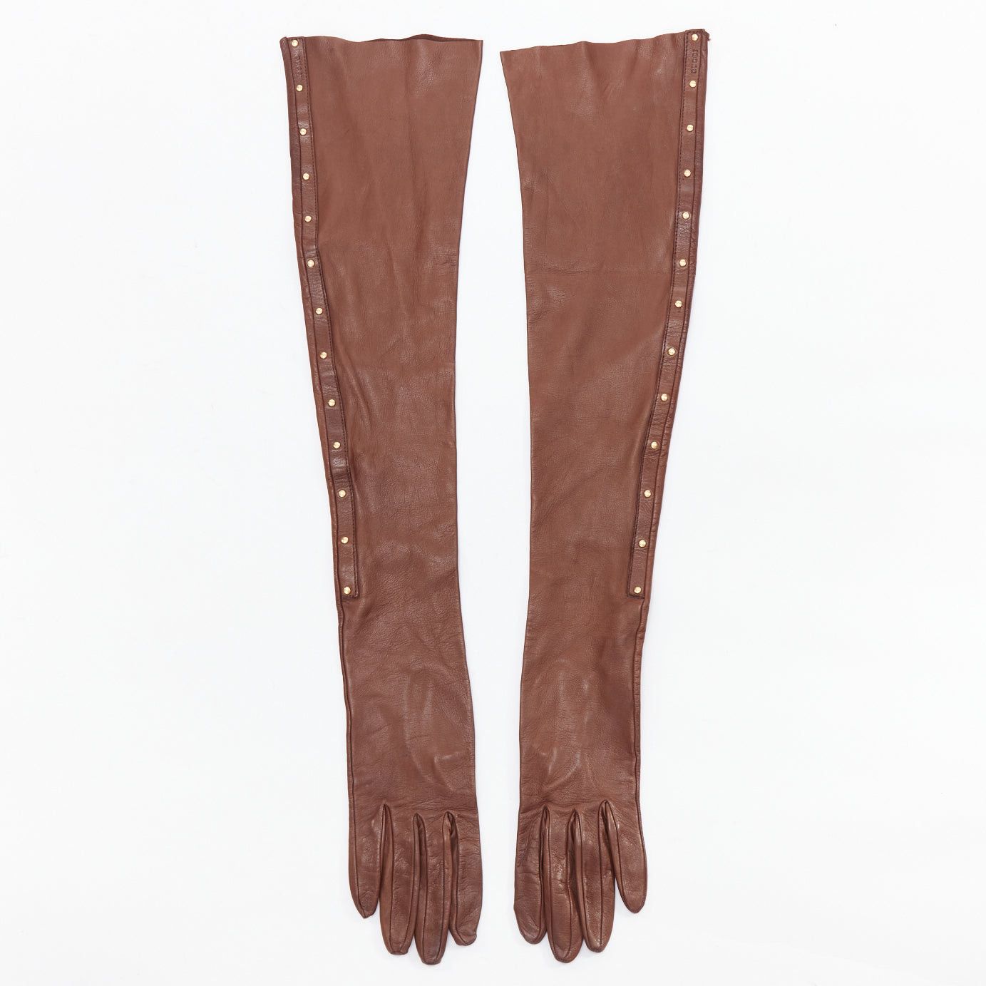 Gucci rare GUCCI Tom Ford Runway Vintage tan brown gold studs leather opera gloves Sz7.5 Size ONE SIZE - 1 Thumbnail