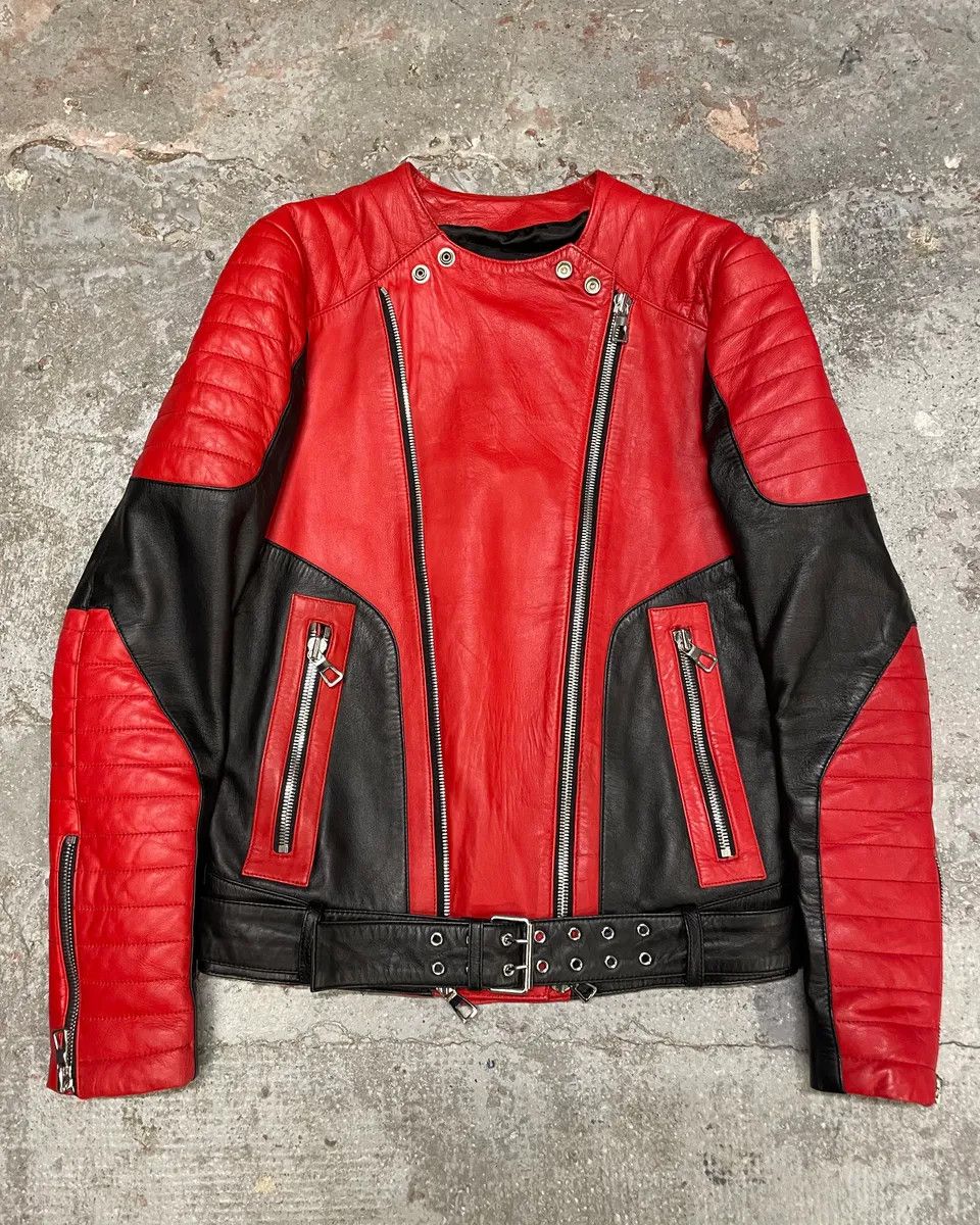 Balmain H&M Red Black Symmetrical Biker Premium Leather Jacket