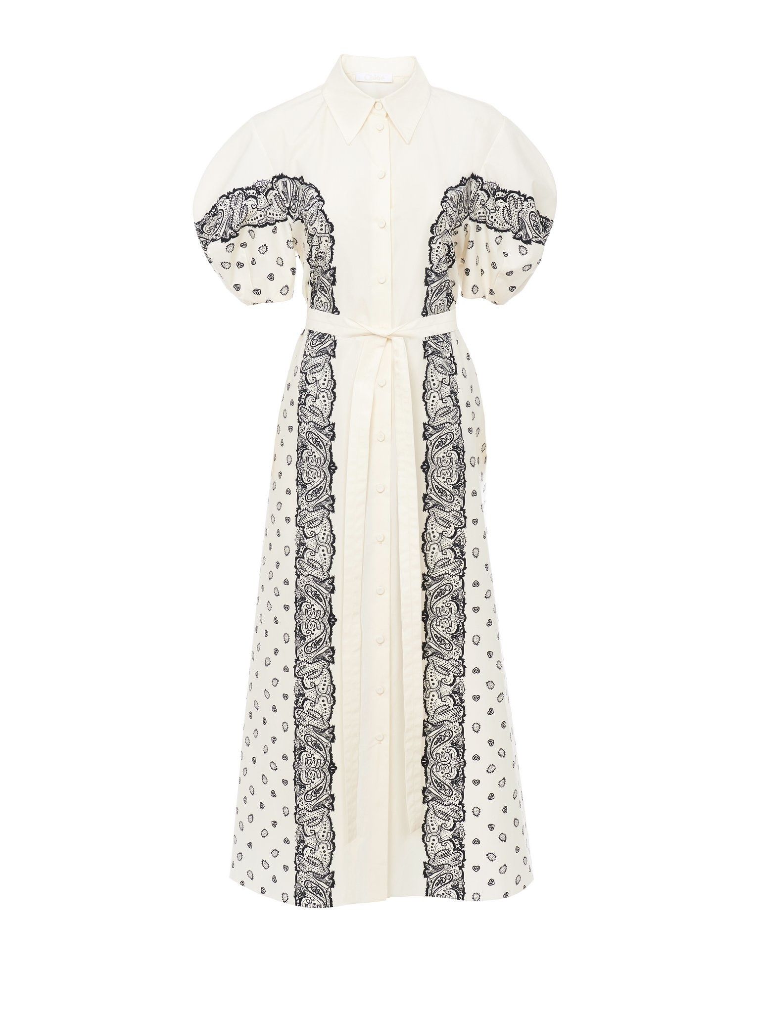 Chloe oc11z0525 Printed Balloon-Sleeve Shirt Dress in White/Black Size L / US 10 / IT 46 - 1 Thumbnail