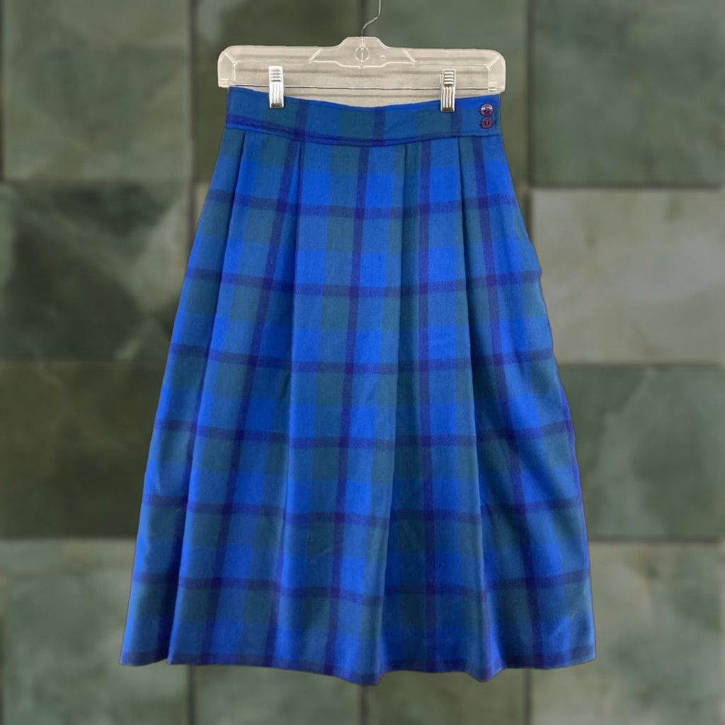 Vintage VINTAGE 1970s Blue Plaid Wool Skirt Womens 10 High Rise Pleated Size 32" / US 10 / IT 46 - 1 Thumbnail
