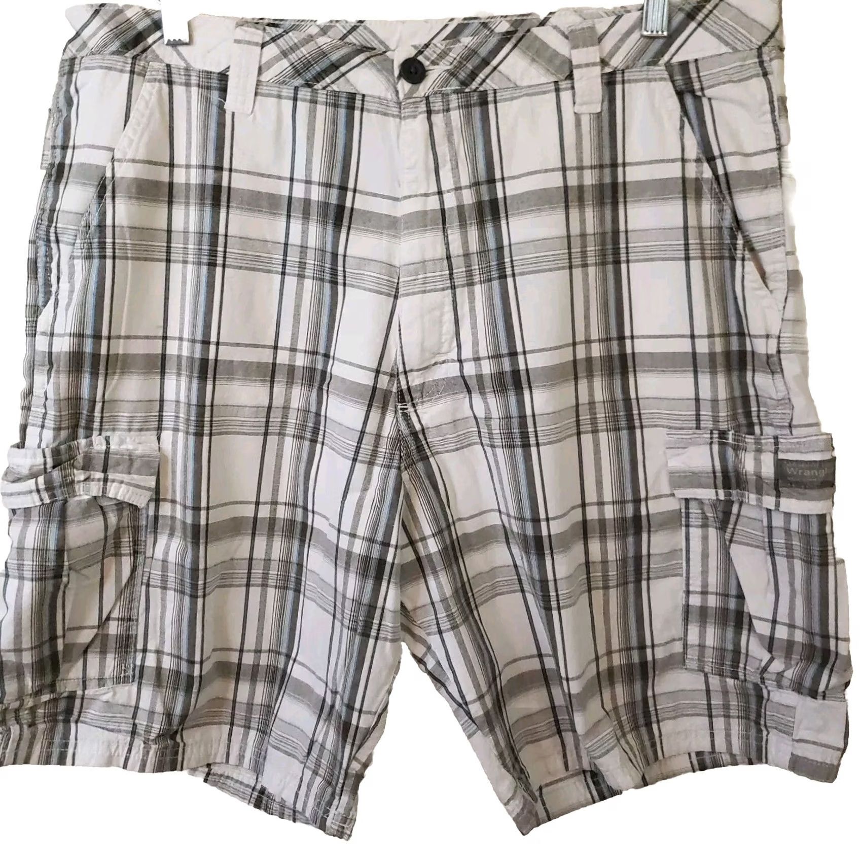 Wrangler Wrangler Cargo Shorts Men's 38x10 Khaki Blue Wht. Plaid Flat Front Cargo Pockets Casual, Travel, Regular Mens Size US 38 / EU 54 - 2 Thumbnail