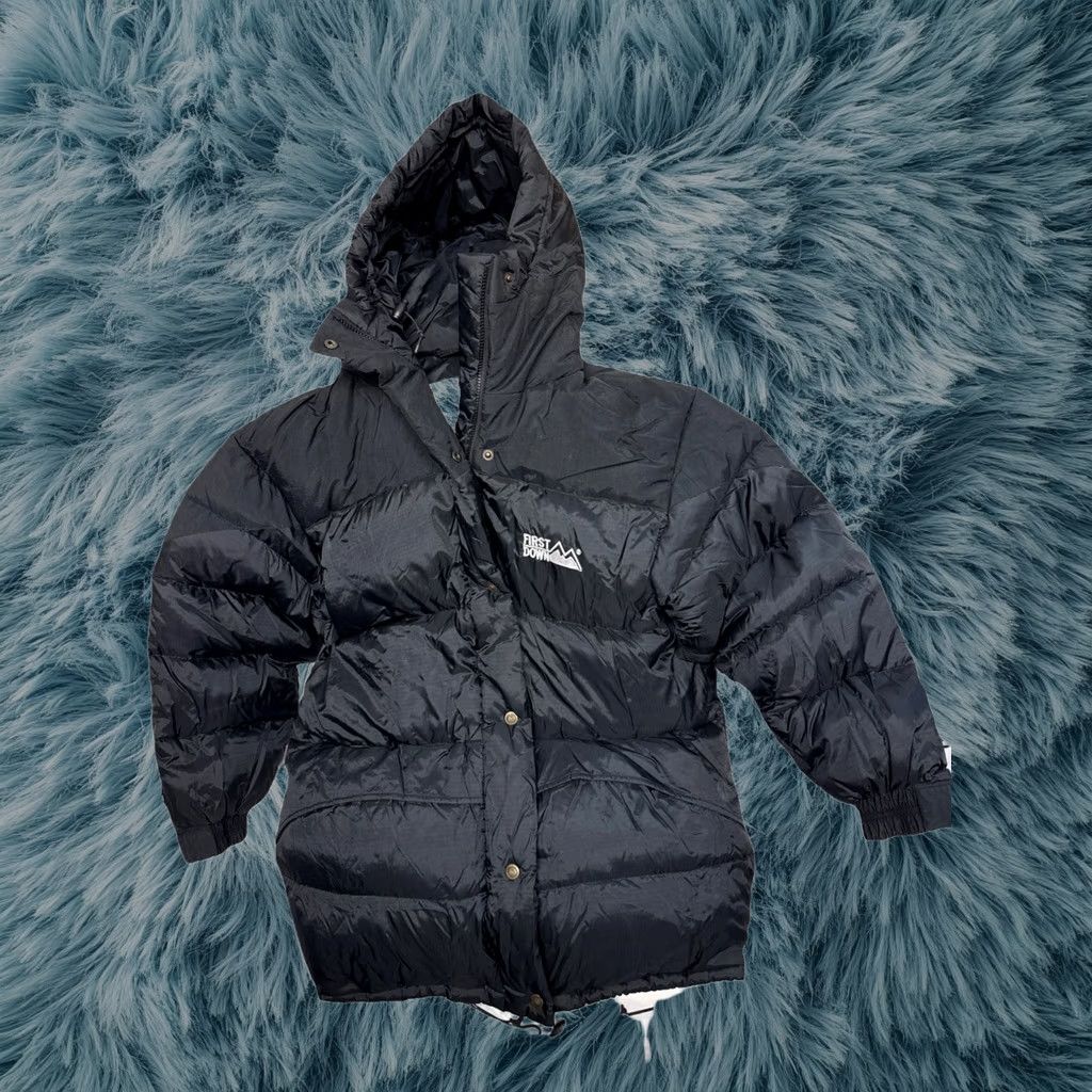 Vintage First Down Coat Mens Medium Black Puffer Long Winter Warm Duck Feathers Nylon, Men's