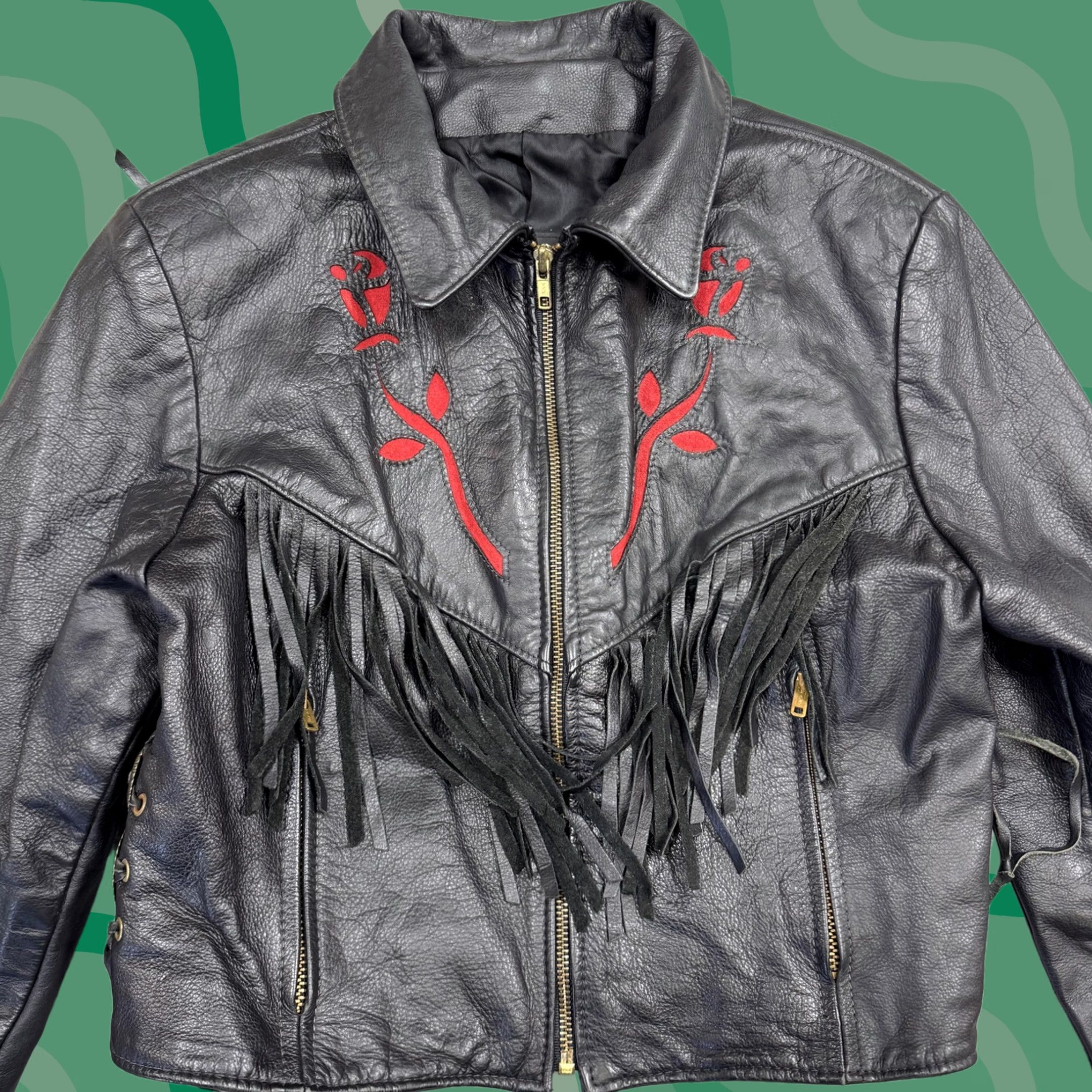 Vintage Protech Leather Jacket Girls S Black Fringe Embroidered Rose Made USA Western Motorcycle Jacket Size S / US 4 / IT 40 - 1 Thumbnail