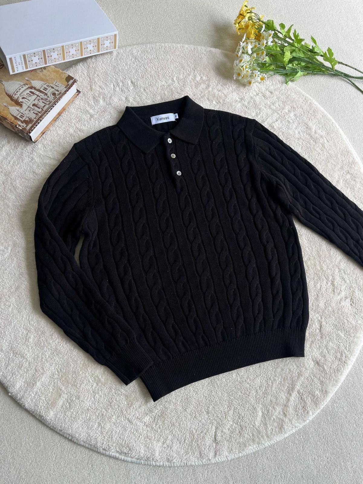 Vintage Cable Knit Polo Sweater for Men, Classic Fit Sweater Size US L / EU 52-54 / 3 - 5 Thumbnail