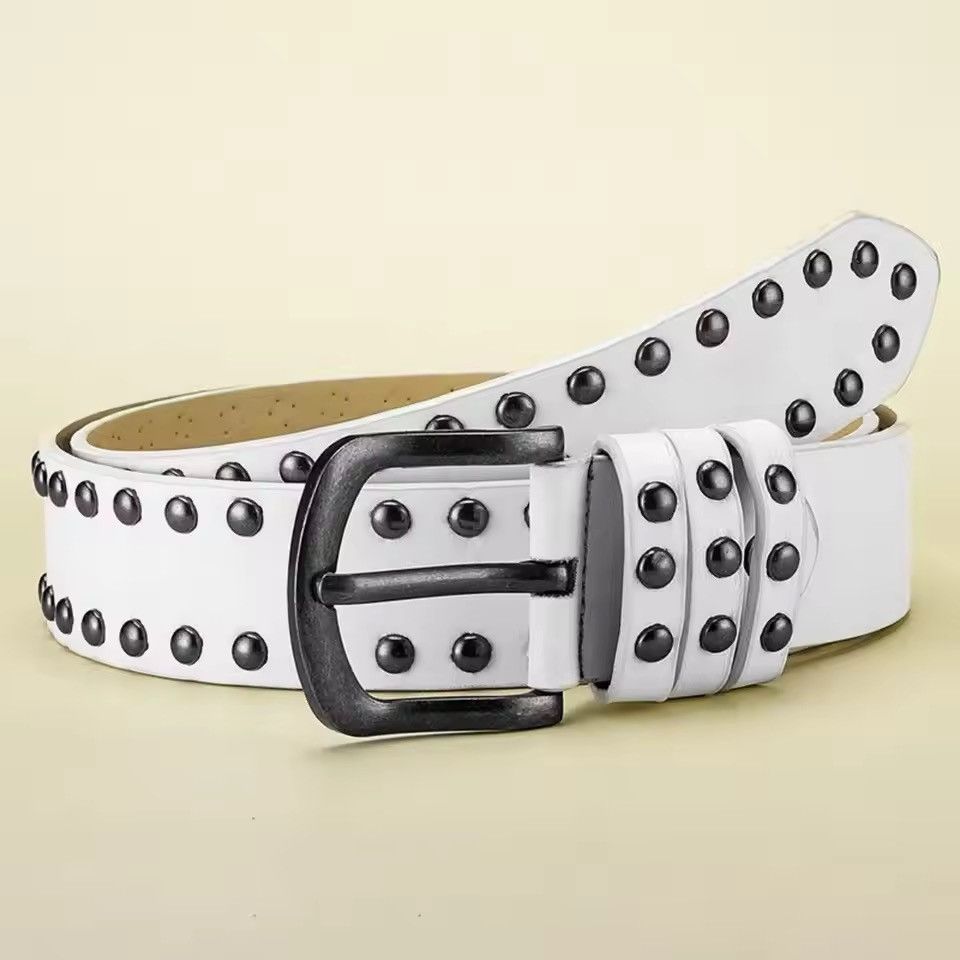 Japanese Brand Punk Double-Row Studded PU Leather Belt - Black Y2K Grunge Size 32 - 2 Thumbnail