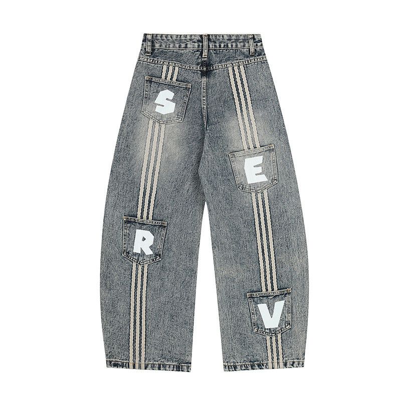 Jean Retro Multi-Pocket Distressed Washed Curved-Leg Jeans Size US 32 / EU 48 - 1 Thumbnail