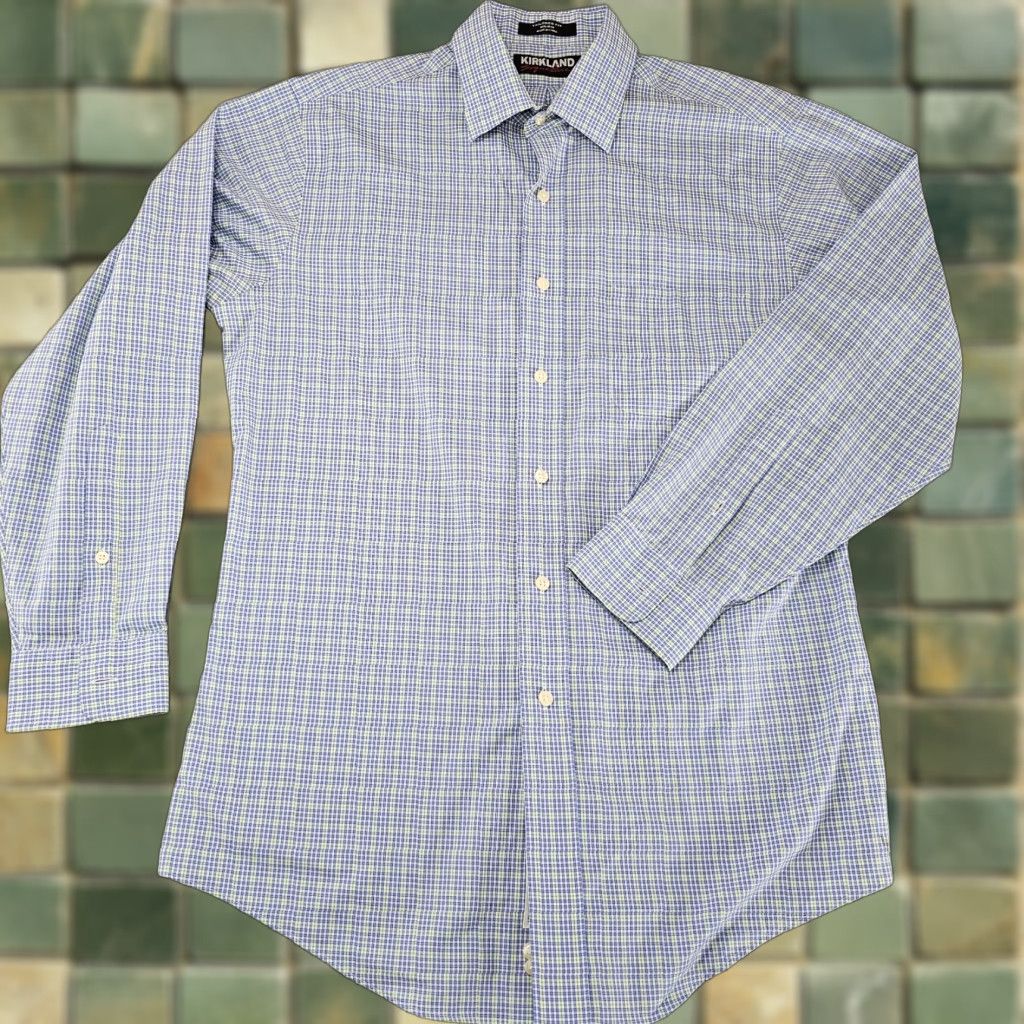 Vintage Kirkland Signature Dress Shirt Mens L Blue 15.5 33 Check Tailored Fit Size 42R - 1 Thumbnail