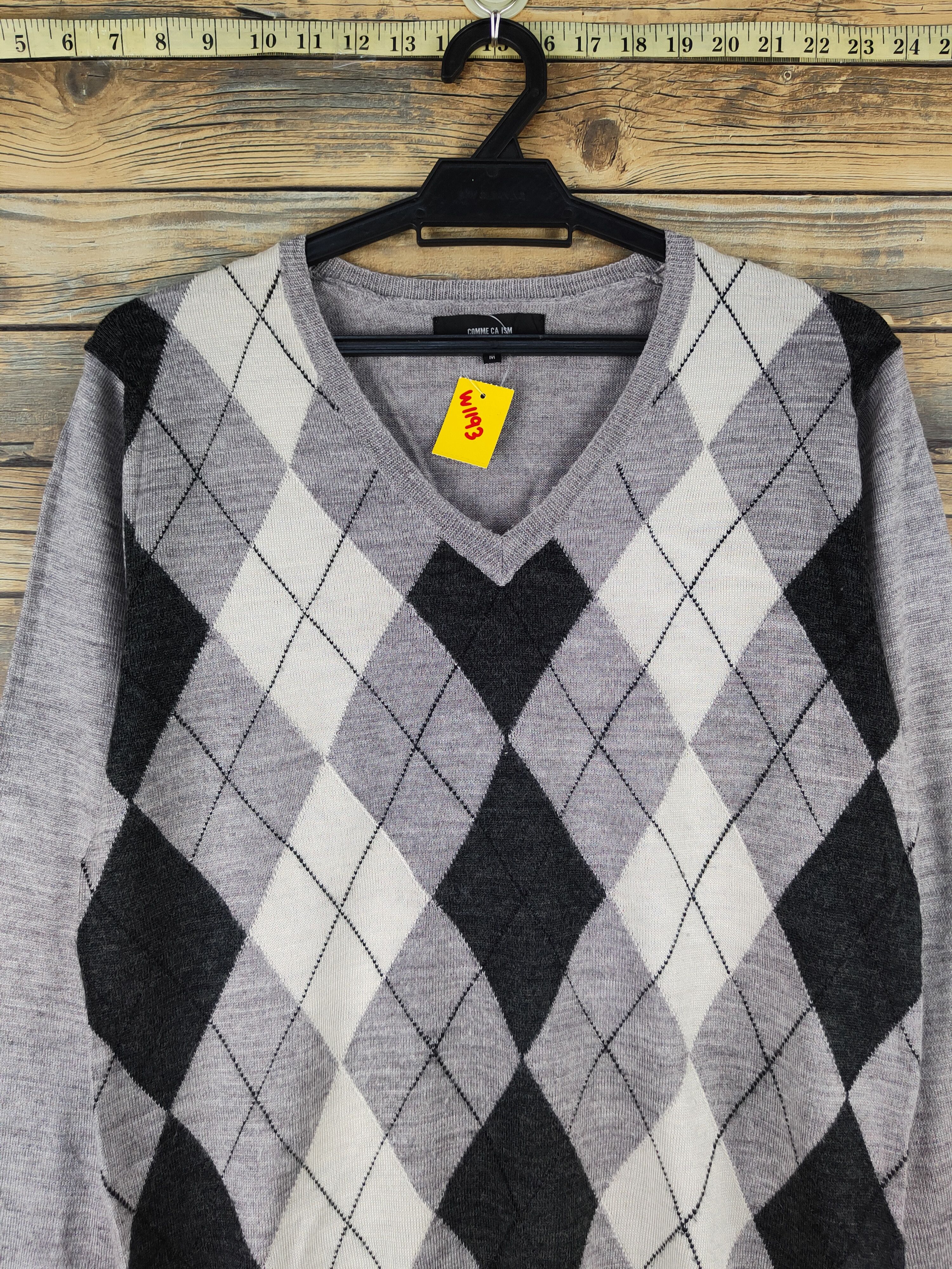 Comme Ca Ism Comme Ca Ism Gray V-Neck Argyle Knitwear Sweatshirts #W1193 Size US M / EU 48-50 / 2 - 2 Thumbnail