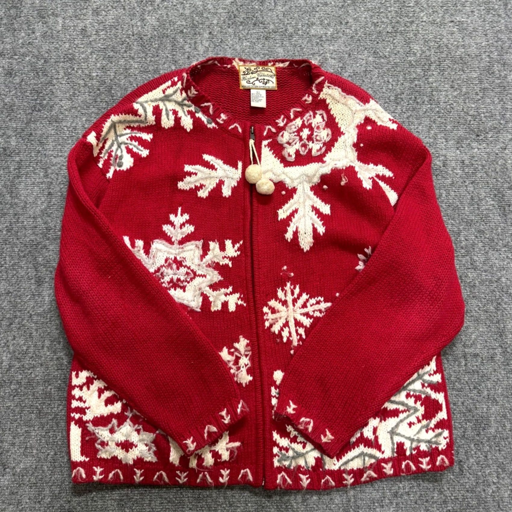 Vintage VINTAGE Heirloom Collectibles Red Snowflake Zip Up Sweater Cardigan Pom Pom Womens Large Size L / US 10 / IT 46 - 2 Thumbnail