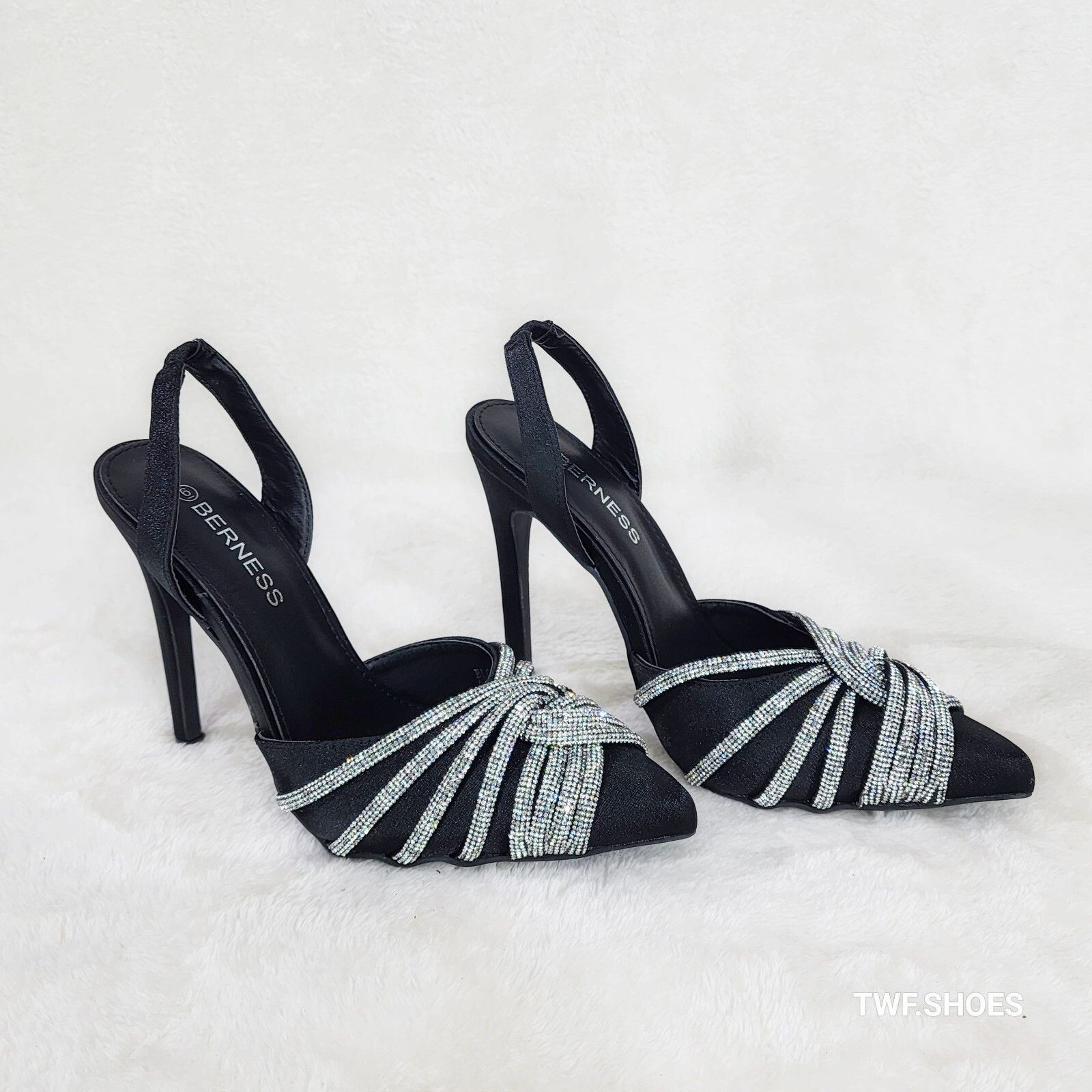 Other Elegance Slip on Slingback Black Satin Rhinestone Pointy Toe Size US 8 / IT 38 - 1 Thumbnail