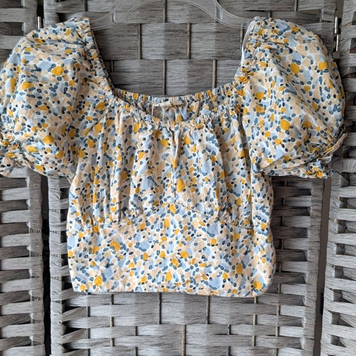 Vintage Cropped Blouse Top Womens Sz S Blue Yellow Dot Print Puff Sleeve Boho Coquette Size S / US 4 / IT 40 - 2 Thumbnail