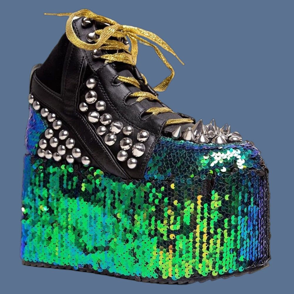 Vintage YRU Qozmo High Top Platform Boots Women's 7 Black Blue Green Sequin Studded Punk Gothic 80s Size M / US 6-8 / IT 42-44 - 1 Thumbnail