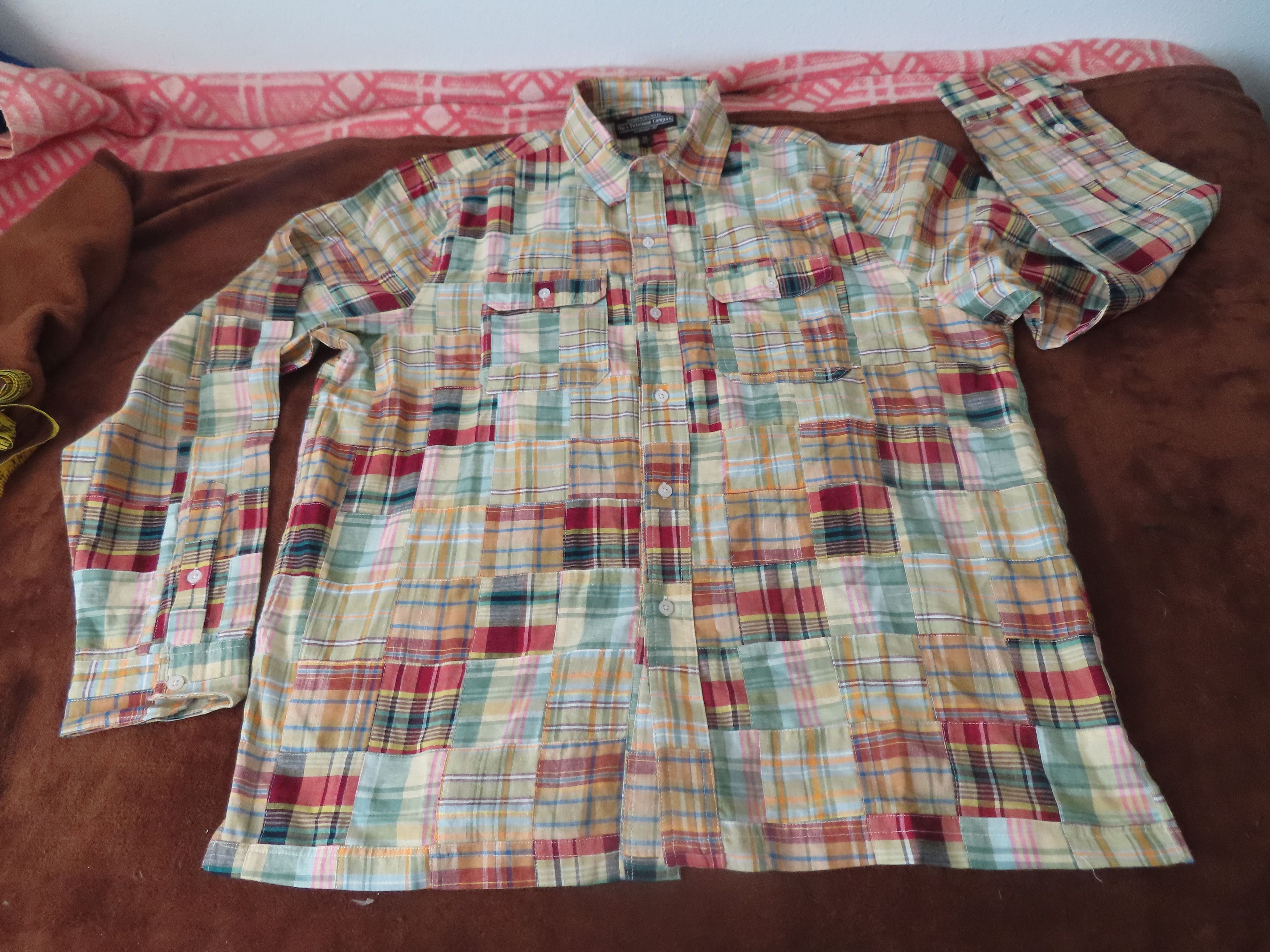 J Peterman Men's Shirt 2XL Plaid Madras Patchwork Outdoor