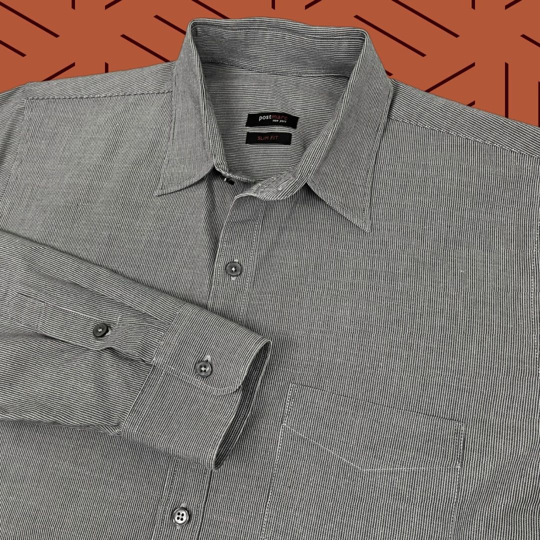 Vintage Postmarc Shirt Mens Large Slim Fit Gray Stripe Casual Work Office Button Up Size US L / EU 52-54 / 3 - 1 Thumbnail