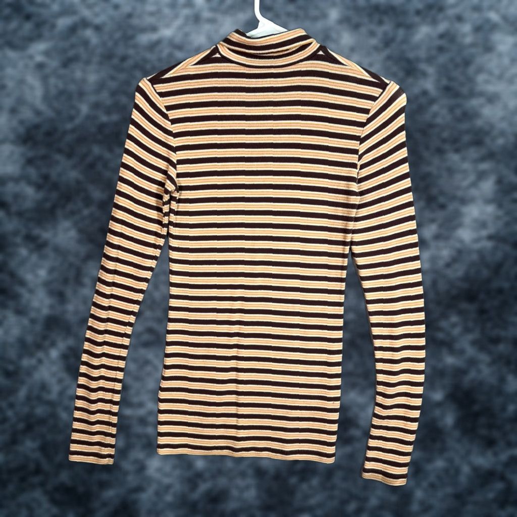 Vintage Wilfred Womens XS Striped Turtleneck Long Sleeve Top Brown Yellow Casual Knit T-Shirt Size XS / US 0-2 / IT 36-38 - 1 Thumbnail