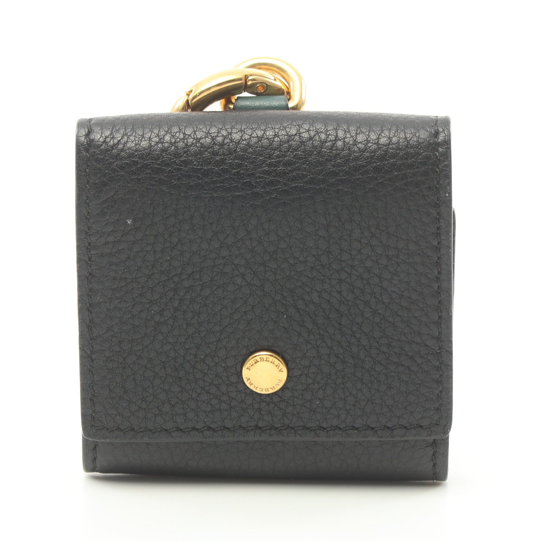image of Burberry Bag Charm Coin Purse Leather Black Dark Green Logo, Women's