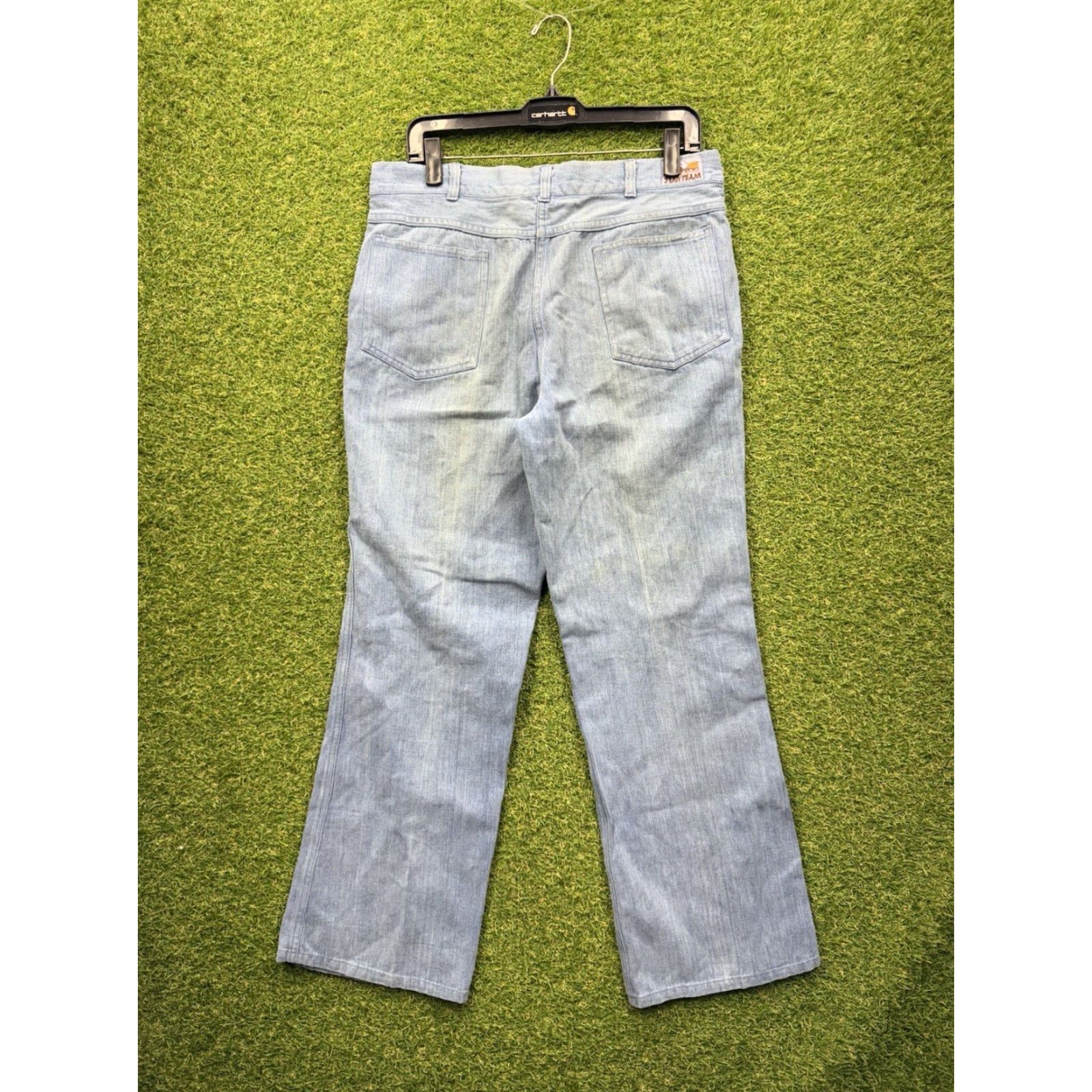 Bell Vintage 70s Jeans Mens 36 Pants Bell Bottoms Light Wash Distressed Workwear Denim Blue 1970s Mens Jeans 36 Distressed Bell Bottoms Jeans Size US 36 / EU 52 - 2 Thumbnail