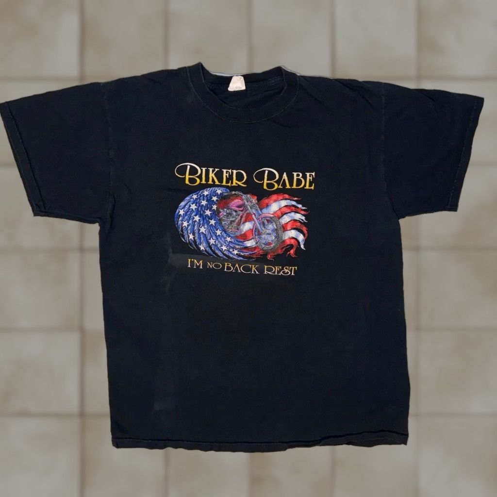 Jerzees Biker Babe Tshirt Adult M Black USA Patriotic Flag Motorcycle Chopper Logo Womens Size M / US 6-8 / IT 42-44 - 1 Thumbnail