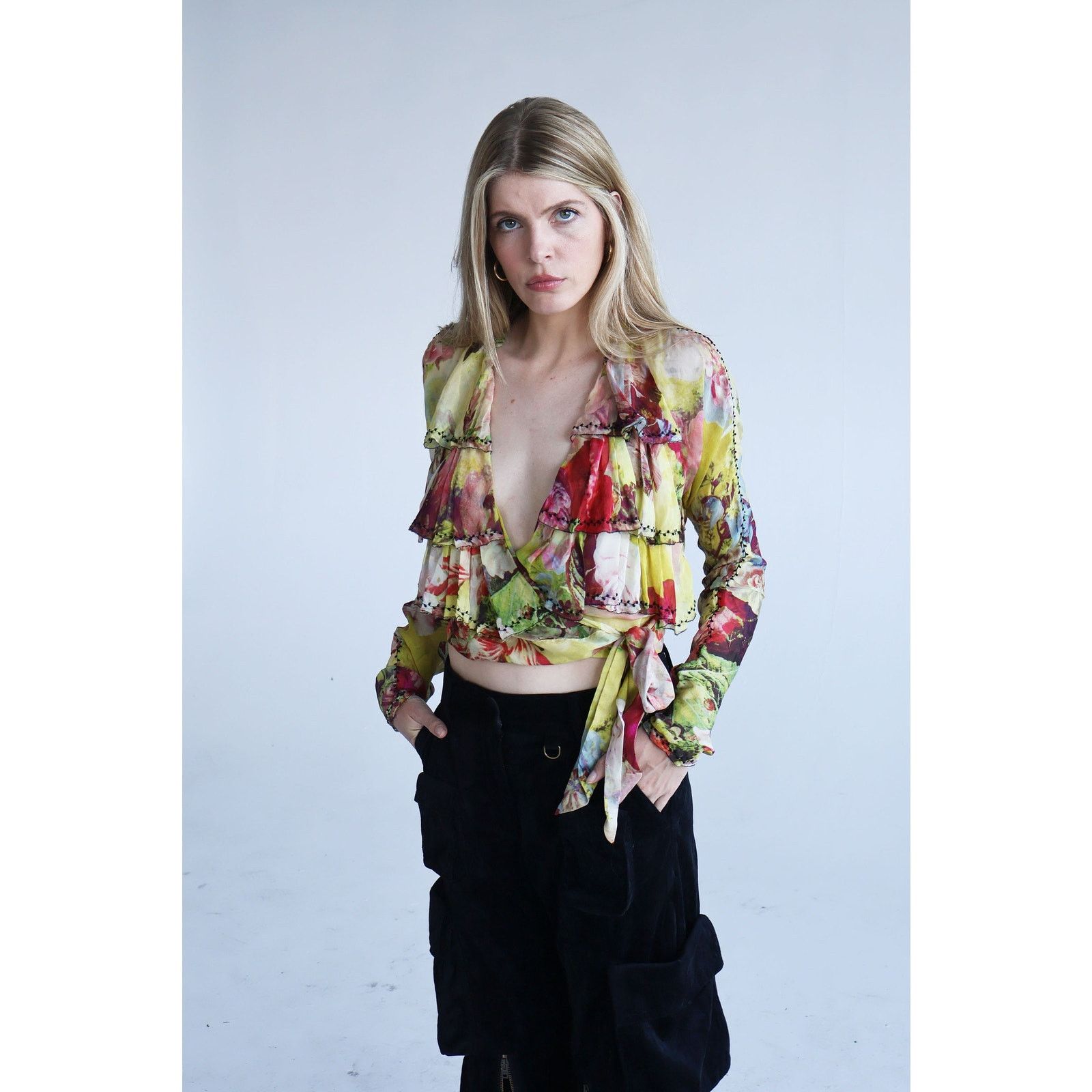 Jean Paul Gaultier Vintage Jean Paul Gaultier Floral Print Silk Ruffle Wrap Top Size M / US 6-8 / IT 42-44 - 5 Thumbnail