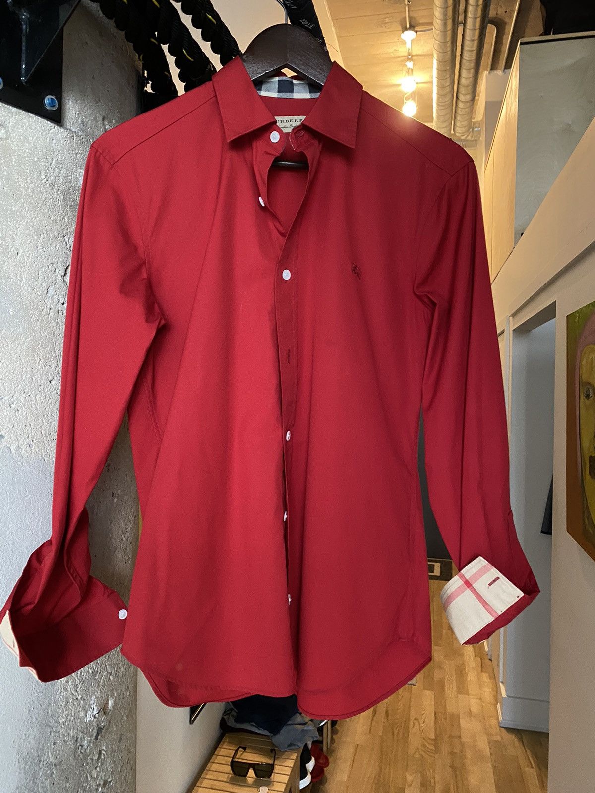 image of Burberry Red Button Up With Check Detail, Men's (Size Small)