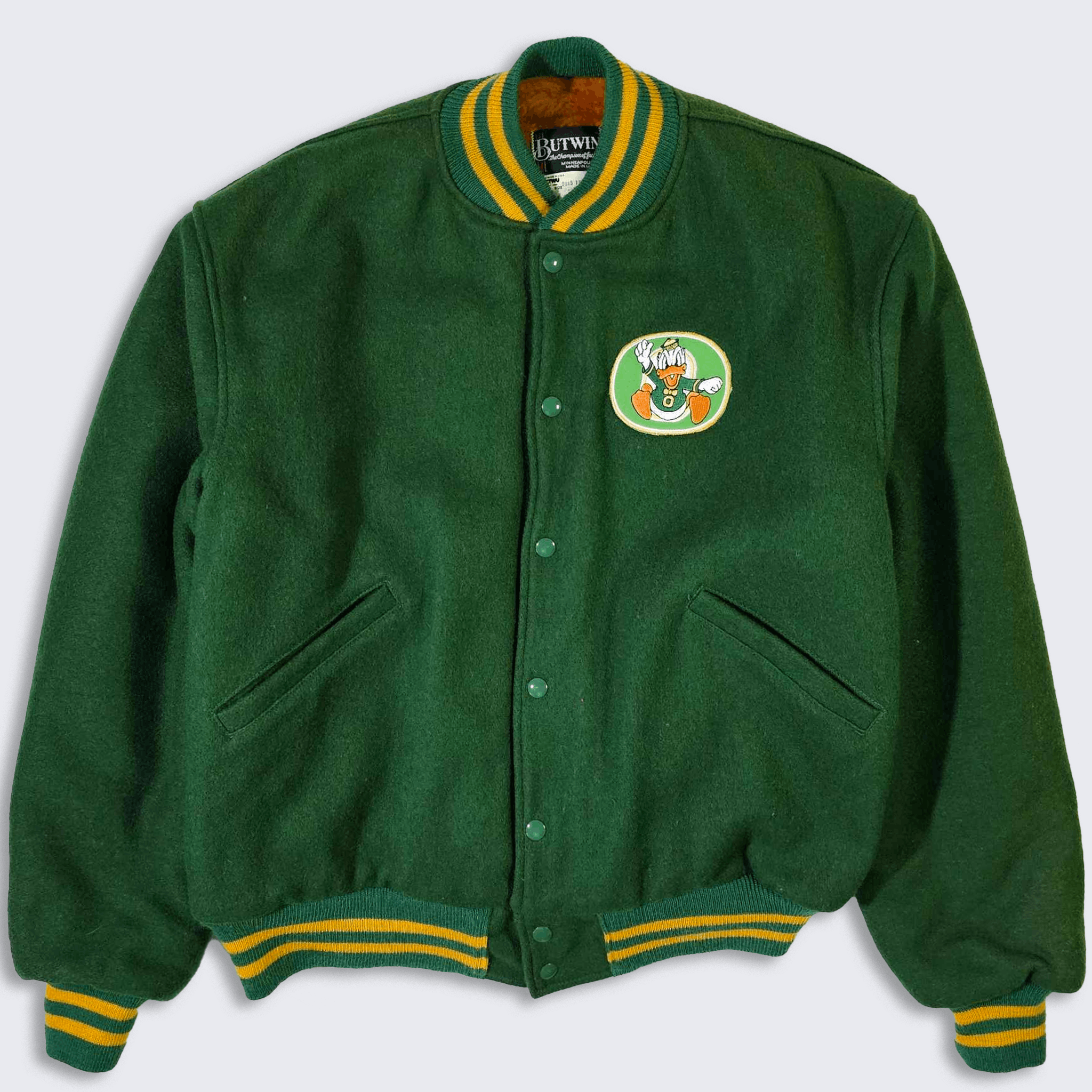 image of Made In USA x NCAA Oregon Ducks Vintage 80's Butwin Wool Varsity Jacket in Green Yellow (Size Mediu