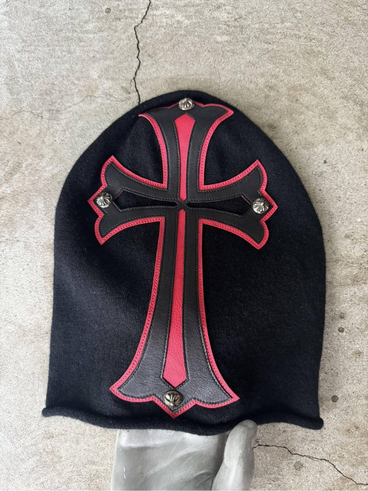 Chrome Hearts CHROME HEARTS LG LEATHER CROSS CASHMERE SHIESTY MASK BEANIE Size ONE SIZE - 1 Thumbnail