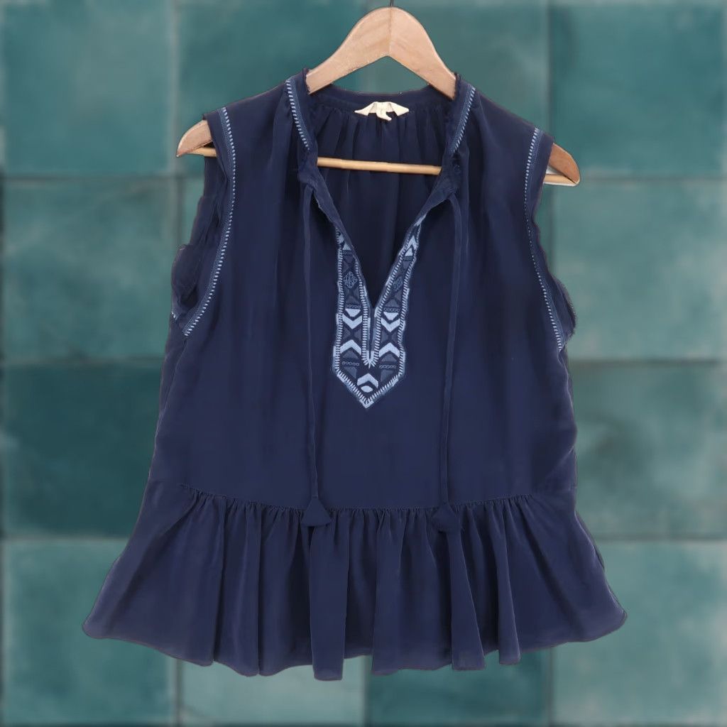 Rebecca Taylor Rebecca Taylor Silk Sleeveless Top Womens 2 Blue Embroidered Peplum Raw Edges Blouse V-Neck Tie Neck Bohemian Lightweight Tunic Size XS / US 0-2 / IT 36-38 - 1 Thumbnail