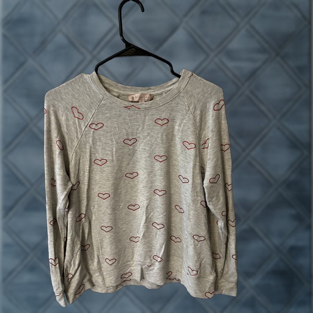 Vintage VINTAGE Philosophy Women Pullover Sweatshirt Gray Heart Print Long Sleeve Casual Fall Spring Winter size L Size L / US 10 / IT 46 - 1 Thumbnail